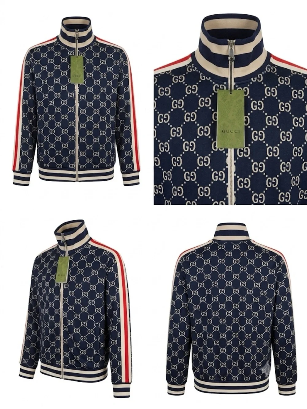Gucci NWT GG Monogram Track Suit with Red Stripes Jacquard Caspian Navy Blue XL